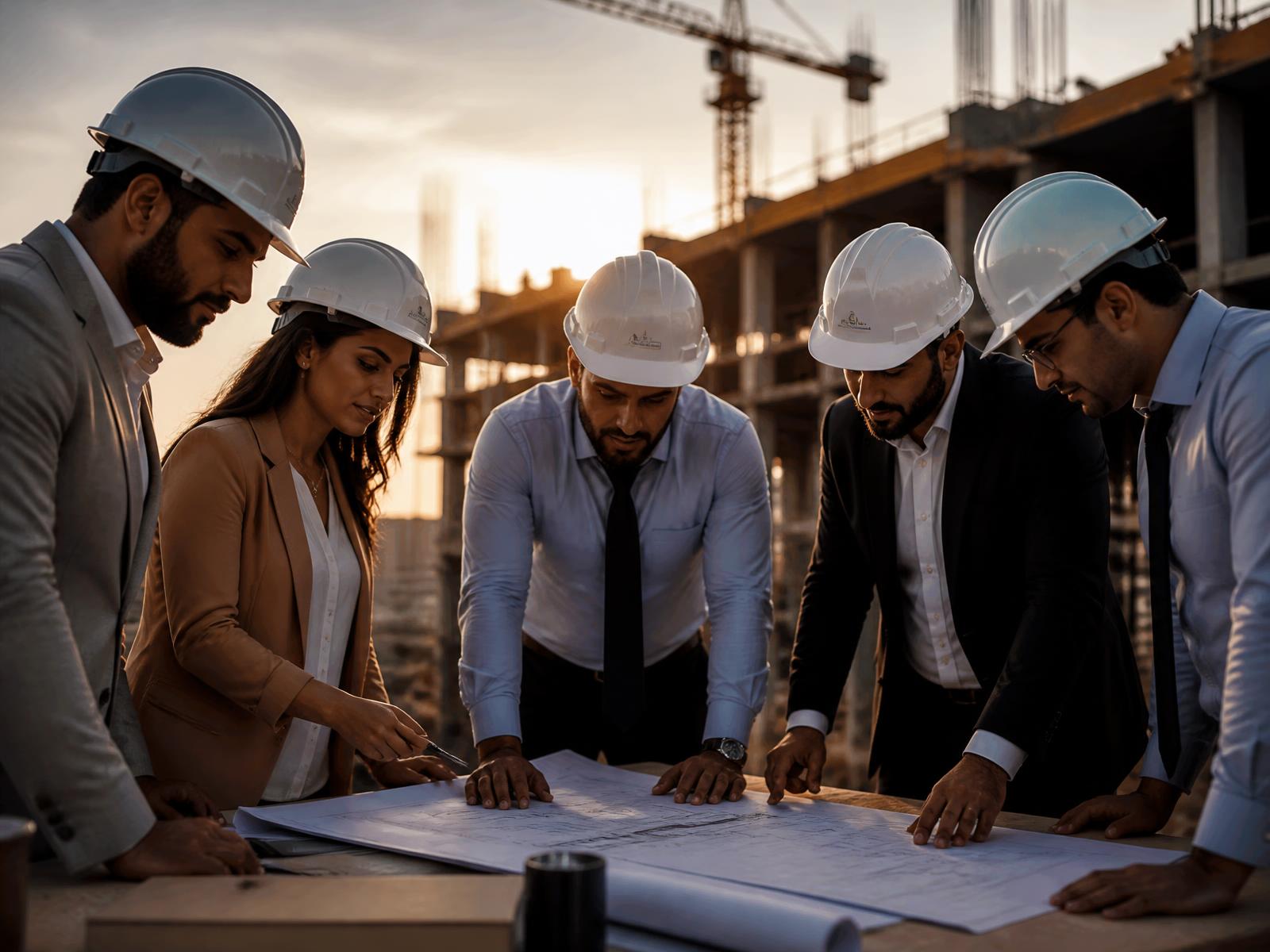 فريق إي كور الهندسي يراجع الرسومات المعمارية بالموقع